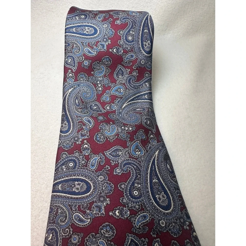 Bert‎ Pulitzer Mens Silk Paisley Tie Burgundy Blue Silver Made in USA Classic